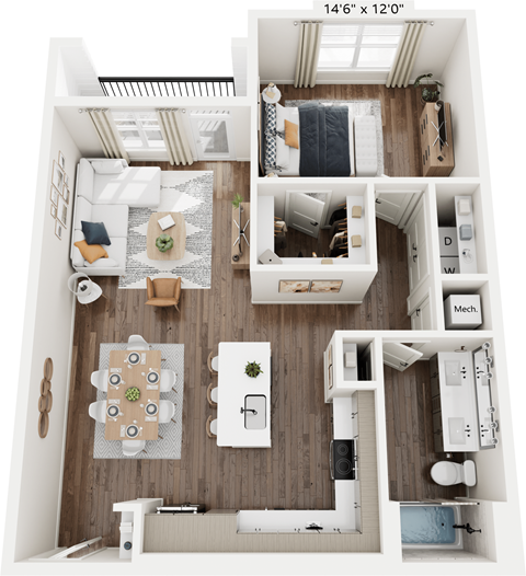 a 3d rendering of a floor plan with a bedroom and living room